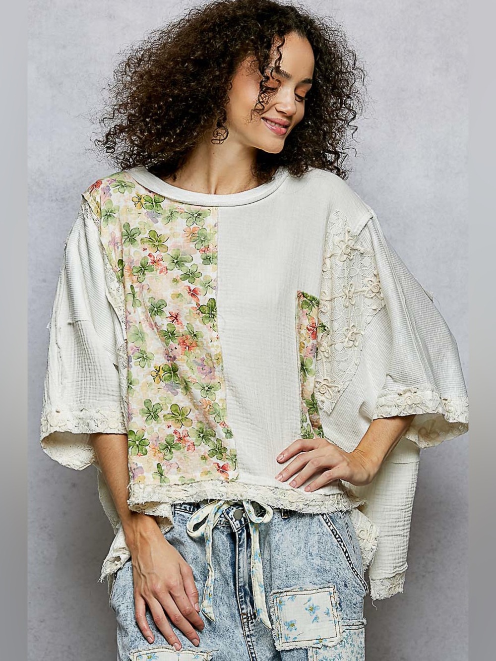 POL Cream Floral Patchwork Tunic Top